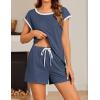 Ekouaer Womens Pajamas Set 2 Piece Short Sleeves PJs O Neck Tops and Drawstring Waist Shorts Soft Lounge Set(Navy Blue)