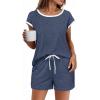 Ekouaer Womens Pajamas Set 2 Piece Short Sleeves PJs O Neck Tops and Drawstring Waist Shorts Soft Lounge Set(Navy Blue)