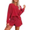Ekouaer Pajama Set for Women Waffle Knit Lounge Sets Long Sleeve Top and Shorts Sleepwear Matching Loungewear S-XXL(Red)