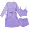 Ekouaer Rib Knit Pajamas Set for Women 3 Piece Lounge Sets Soft Cami and Shorts Pjs with Cardigan Loungewear S-XXL(Purple-2)