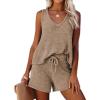 Ekouaer Womens 2024 Fashion Knit Pajama Set 2 Piece Outfits V-Neck Sleeveless Tank Top and Drawstring Shorts Set Light Tan L