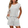 Ekouaer Womens Pajamas Set 2 Piece Short Sleeves PJs O Neck Tops and Drawstring Waist Shorts Soft Lounge Set(White Stripe Print)