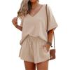 Ekouaer Women’s V Neck Lounge Sets Beach Cover Up Shirt and Shorts 2 Piece Outfits Loungewear Pajama with Pockets Khaki,L