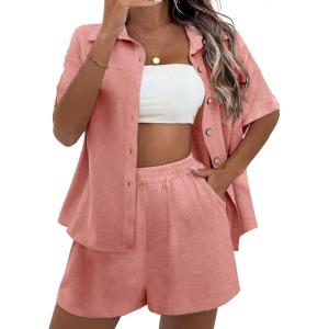 Ekouaer 2 Piece Linen Lounge Sets for Women Button Down Loungewear Tops and Shorts Pajama Set with Pockets
