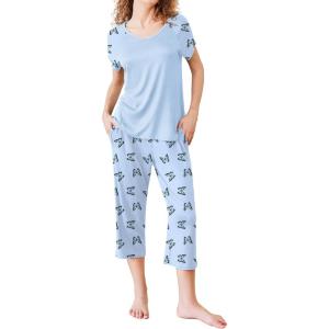 Ekouaer Pajamas for Women Set Short Sleeve Pj Sets Pullover Tops & Capri Pants 2 Piece Sleepwear Loungewear S-XXL(Blue-butterfly)