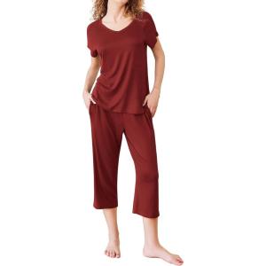 Ekouaer Pajamas for Women Set Short Sleeve Pj Sets Pullover Tops & Capri Pants 2 Piece Sleepwear Loungewear S-XXL(Wine Red)