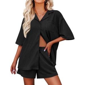 Ekouaer Pajamas for Women Waffle Knit Lounge Set Button Down Loungewear Soft Short Sleeve Pjs Shorts Set S-XXL(Black)