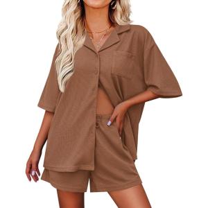 Ekouaer Pajamas for Women Waffle Knit Lounge Set Button Down Loungewear Soft Short Sleeve Pjs Shorts Set S-XXL(Brown)