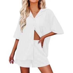 Ekouaer Pajamas for Women Waffle Knit Lounge Set Button Down Loungewear Soft Short Sleeve Pjs Shorts Set S-XXL(White)