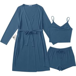 Ekouaer Rib Knit Pajamas Set for Women 3 Piece Lounge Sets Soft Cami and Shorts Pjs with Cardigan Loungewear S-XXL(Dark Blue-2)