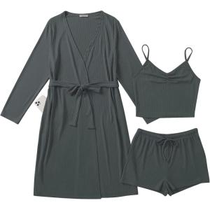 Ekouaer Rib Knit Pajamas Set for Women 3 Piece Lounge Sets Soft Cami and Shorts Pjs with Cardigan Loungewear S-XXL(Dark Grey-2)