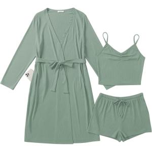 Ekouaer Rib Knit Pajamas Set for Women 3 Piece Lounge Sets Soft Cami and Shorts Pjs with Cardigan Loungewear S-XXL(Green-2)