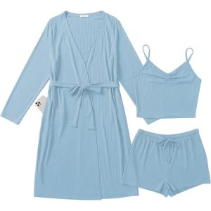 Ekouaer Rib Knit Pajamas Set for Women 3 Piece Lounge Sets Soft Cami and Shorts Pjs with Cardigan Loungewear S-XXL(Light Blue-2)