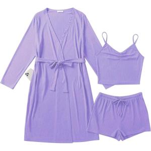 Ekouaer Rib Knit Pajamas Set for Women 3 Piece Lounge Sets Soft Cami and Shorts Pjs with Cardigan Loungewear S-XXL(Purple-2)