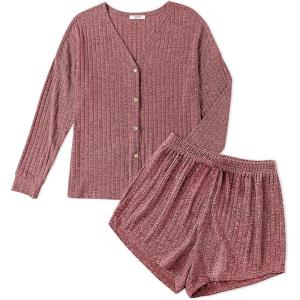 Ekouaer Ribbed Knit Pajamas Sets for Women Button-Down Loungewear Casual Shirt and Shorts 2 Piece Long Sleeve Soft Lounge Set(Wine Red)