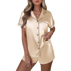 Ekouaer Silk Pajamas Set for Women Button Down 2 Piece Stain Pjs Shorts Set Soft Sleepwear Short Sleeve Loungewear S-XXL(Champagne)