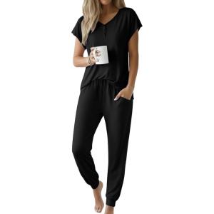 Ekouaer Viscose from Bamboo Women’s Pajama Sets Super Soft Short Sleeve Button Top and Pants Pj Sleepwear Sets S-XXL(Black)