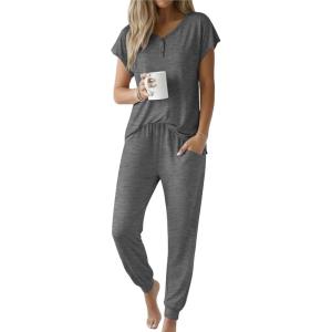 Ekouaer Viscose from Bamboo Women’s Pajama Sets Super Soft Short Sleeve Button Top and Pants Pj Sleepwear Sets S-XXL(Grey)