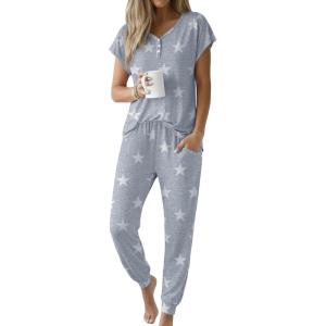 Ekouaer Viscose from Bamboo Women’s Pajama Sets Super Soft Short Sleeve Button Top and Pants Pj Sleepwear Sets S-XXL(Grey Star)