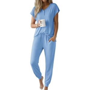 Ekouaer Viscose from Bamboo Women’s Pajama Sets Super Soft Short Sleeve Button Top and Pants Pj Sleepwear Sets S-XXL(Light Blue)