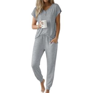 Ekouaer Viscose from Bamboo Women’s Pajama Sets Super Soft Short Sleeve Button Top and Pants Pj Sleepwear Sets S-XXL(Light Grey)