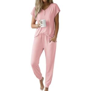 Ekouaer Viscose from Bamboo Women’s Pajama Sets Super Soft Short Sleeve Button Top and Pants Pj Sleepwear Sets S-XXL(Light Pink)