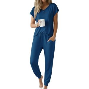 Ekouaer Viscose from Bamboo Women’s Pajama Sets Super Soft Short Sleeve Button Top and Pants Pj Sleepwear Sets S-XXL(Navy Blue)