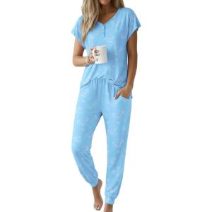 Ekouaer Viscose from Bamboo Women’s Pajama Sets Super Soft Short Sleeve Button Top and Pants Pj Sleepwear Sets S-XXL(Ocean Blue)