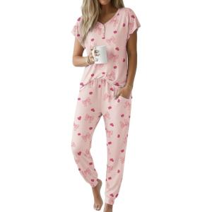 Ekouaer Viscose from Bamboo Women’s Pajama Sets Super Soft Short Sleeve Button Top and Pants Pj Sleepwear Sets S-XXL(Pink Bow)