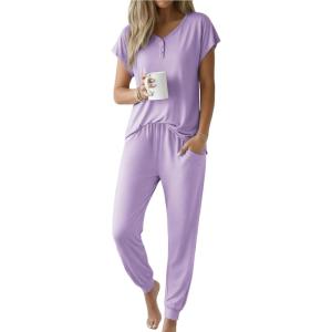 Ekouaer Viscose from Bamboo Women’s Pajama Sets Super Soft Short Sleeve Button Top and Pants Pj Sleepwear Sets S-XXL(Purple)