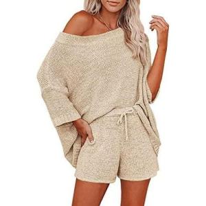 Ekouaer Women 2 Piece Outfits Sweater Sets Off Shoulder Knit Pajama Set 3/4 Sleeve Tops Drawstring Waist Shorts Suits