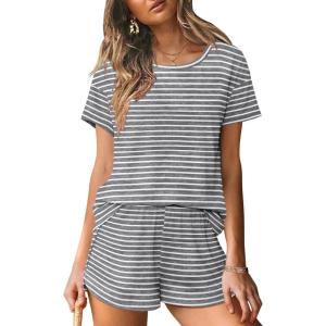 Ekouaer Women 2 Piece Pajama Sets Crew Neck Pjs Soft Short Sleeve Top and Shorts Sleepwear Summer Lounge Set
