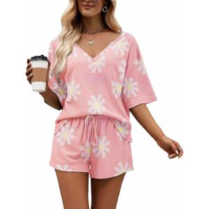 Ekouaer Women Pajama Sets Waffle Knit Lounge Sets Short Sleeves Crop Top 2 Piece Pj Shorts Set
