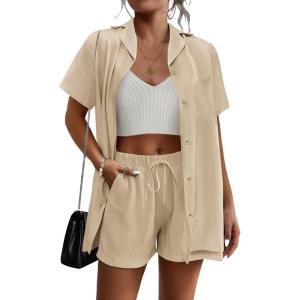 Ekouaer Womens 2 Piece Lounge Set Short Sleeve Button Down Shirt Vacation Outfits Casual Loungewear with Pockets