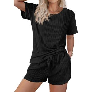 Ekouaer Women’s 2 Piece Lounge Sets Ribbed Knit Matching Outfits T-shirt and Shorts Sets Loungewear Casual Pajamas