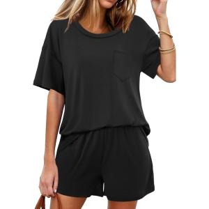 Ekouaer Women’s 2 Piece Pajama Sets Short Sleeve Lounge Sets Soft Round Neck Top and Shorts Sleepwear(Black)