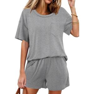 Ekouaer Women’s 2 Piece Pajama Sets Short Sleeve Lounge Sets Soft Round Neck Top and Shorts Sleepwear(Grey)