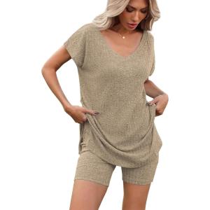 Ekouaer Womens 2 Piece Sets Summer Biker Shorts Set Outfits Knit Loungewear V Neck Workout Sets Tracksuit S-XXL(Khaki)