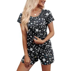 Ekouaer Womens Pajama Set 2 Piece Soft Lounge Set Short Sleeve Cozy Sleepwear Pjs Casual Loose Loungewear(Black Planet)