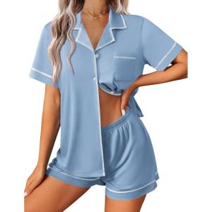 Ekouaer Womens Pajama Set Button Down Sleepwear Short Sleeve Pjs Top and Short with Pocket Soft Lounge Set(Blue)