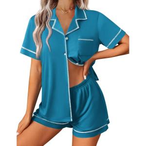 Ekouaer Womens Pajama Set Button Down Sleepwear Short Sleeve Pjs Top and Short with Pocket Soft Lounge Set(Blue Green)