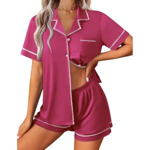 Ekouaer Womens Pajama Set Button Down Sleepwear Short Sleeve Pjs Top and Short with Pocket Soft Lounge Set(Rose Red)