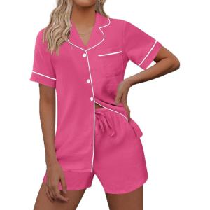 Ekouaer Womens Pajama Set Short Sleeve Sleepwear Summer Button Down Nightwear Lounge Set Soft Pjs Rose Red Medium