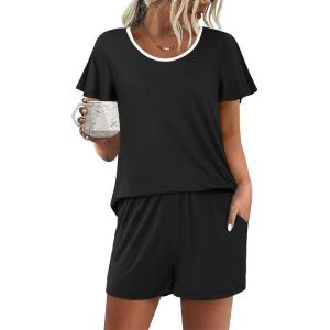 Ekouaer Womens Pajama Set Summer Short Sleeve Pjs Sleepwear Cute 2 Piece Lounge Sets S-XXL(Black)