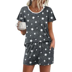 Ekouaer Womens Pajama Set Summer Short Sleeve Pjs Sleepwear Cute 2 Piece Lounge Sets S-XXL(Gray Stars)