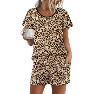 Ekouaer Womens Pajama Set Summer Short Sleeve Pjs Sleepwear Cute 2 Piece Lounge Sets S-XXL(Leopard)