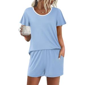 Ekouaer Womens Pajama Set Summer Short Sleeve Pjs Sleepwear Cute 2 Piece Lounge Sets S-XXL(Light Blue)