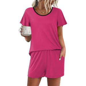 Ekouaer Womens Pajama Set Summer Short Sleeve Pjs Sleepwear Cute 2 Piece Lounge Sets S-XXL(Rose Red)