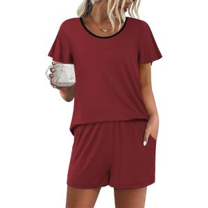 Ekouaer Womens Pajama Set Summer Short Sleeve Pjs Sleepwear Cute 2 Piece Lounge Sets S-XXL(Wine Red)