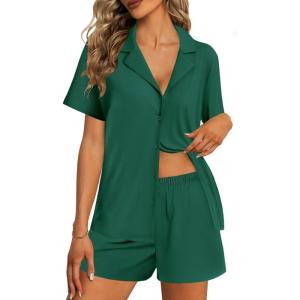 Ekouaer Womens Pajama Sets 2 Piece Cotton Pjs Button Down Sleepwear Short Sleeve Lounge Set with Pockets(Green)
